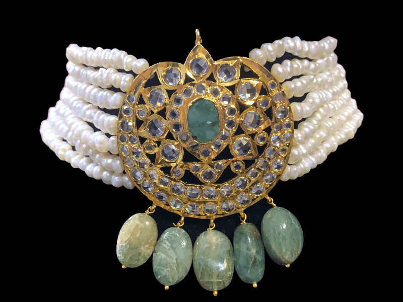 Hyderabadi fresh water pearls with emerald choker in gold plated silver