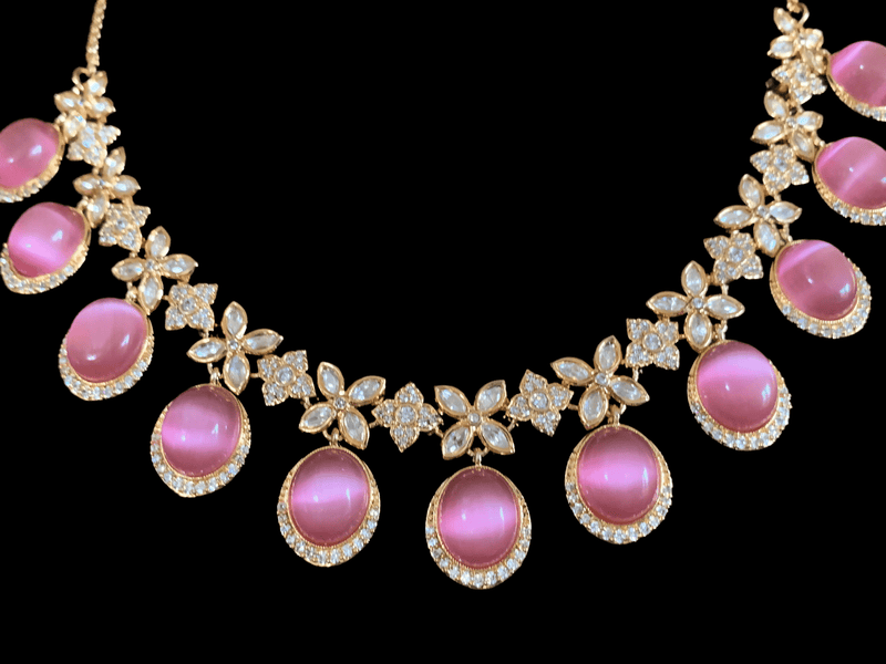 NS347 Gold plated high quality cz polki necklace with earrings - pink   ( READY TO SHIP)