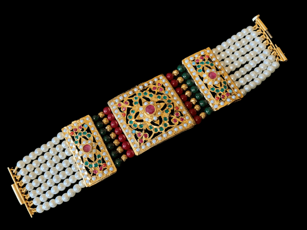 B67 Saira jadau bracelet in navratan with ruby green beads     ( READY TO SHIP )