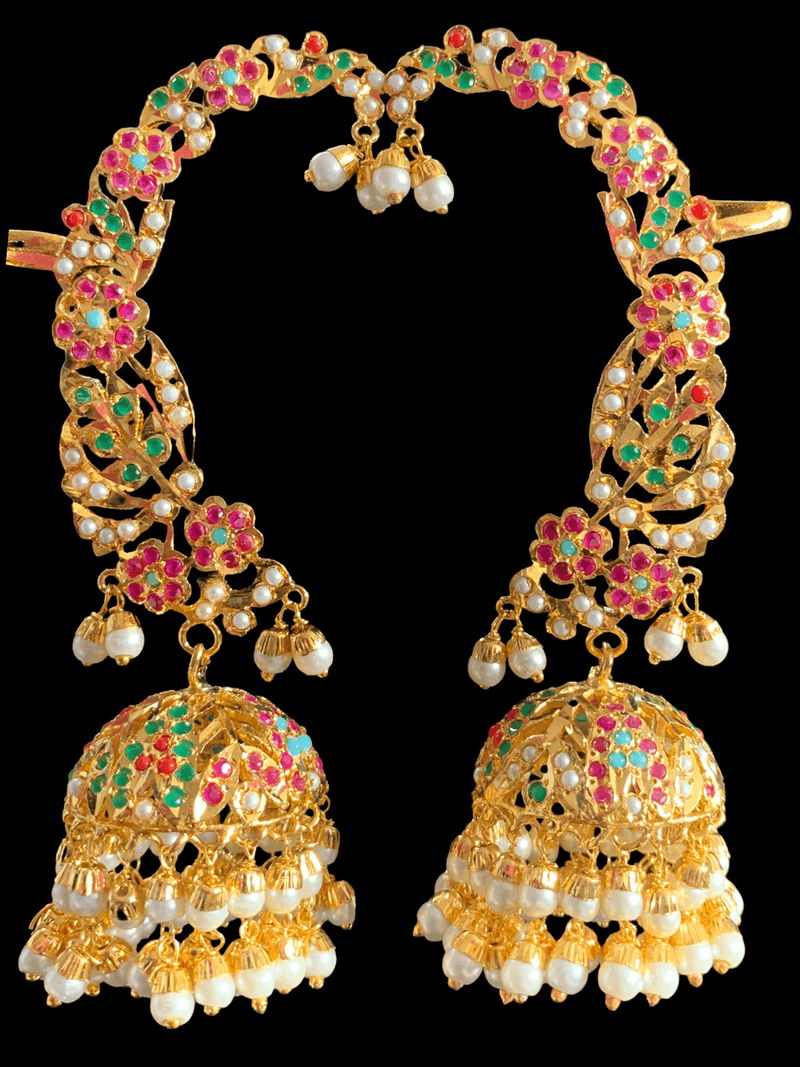 DER316 jadau kaanphool earrings in Navratan / multicolor  ( SHIPS IN 4 WEEKS )