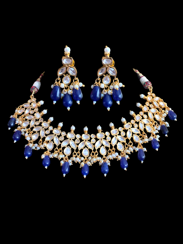 NS355 high quality polki necklace in pearls  and blue  beads ( READY TO SHIP)