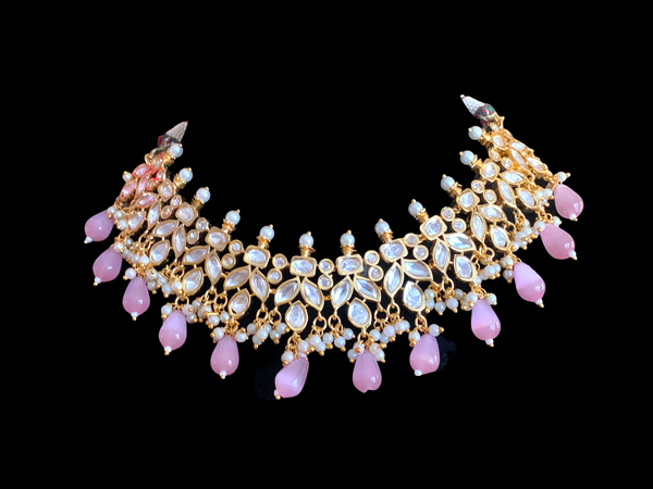 NS356 high quality polki necklace in pearls  and pink   beads ( READY TO SHIP)