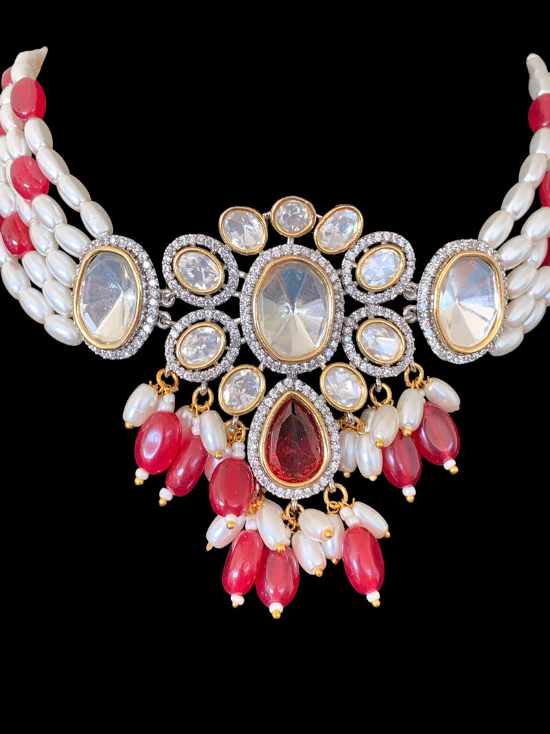 C207 Wajeeha polki choker with pearls and ruby beads ( READY TO SHIP)