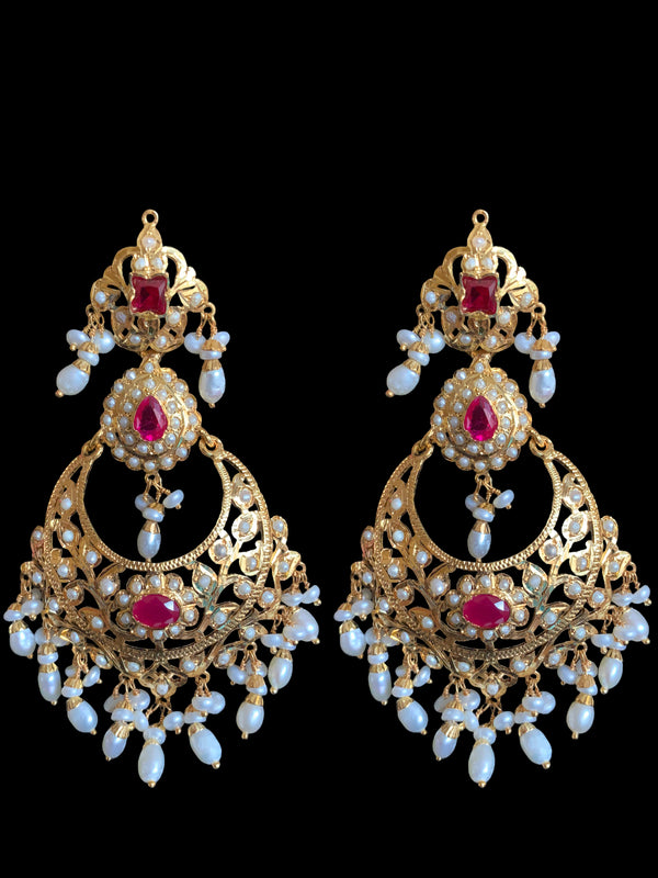 Nadine gold plated silver earrings in fresh water pearls and rubies