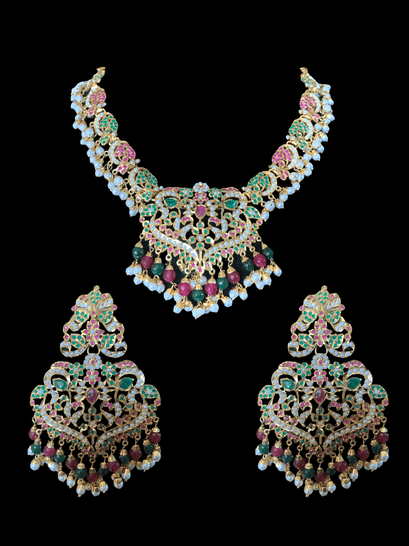 NS72 Neeli jadau pearl necklace with earrings tika in ruby emerald(READY TO SHIP)