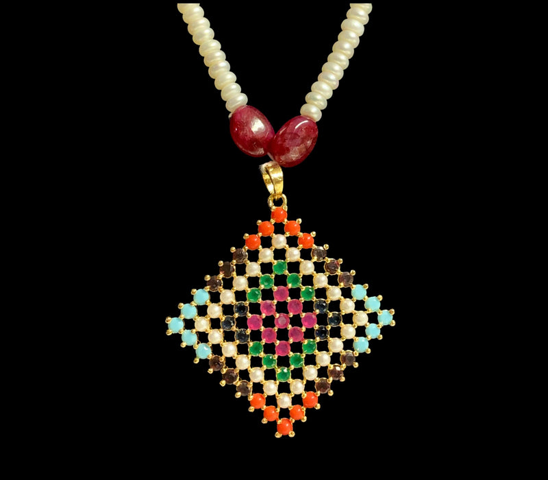 Nandini  Navratan  long pendant set with earrings in  fresh water pearls (READY TO SHIP )
