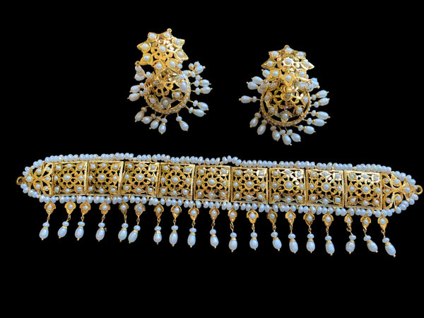 Gold plated silver jadavi choker with jhumka in fresh water pearls