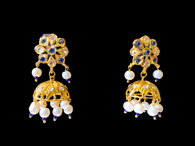 DER346 Blue jhumka in flower tops ( READY TO SHIP)