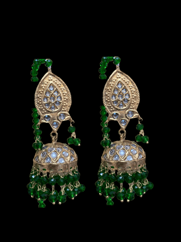 DER152 Hiba kundan jhumka in green beads(READY TO SHIP)