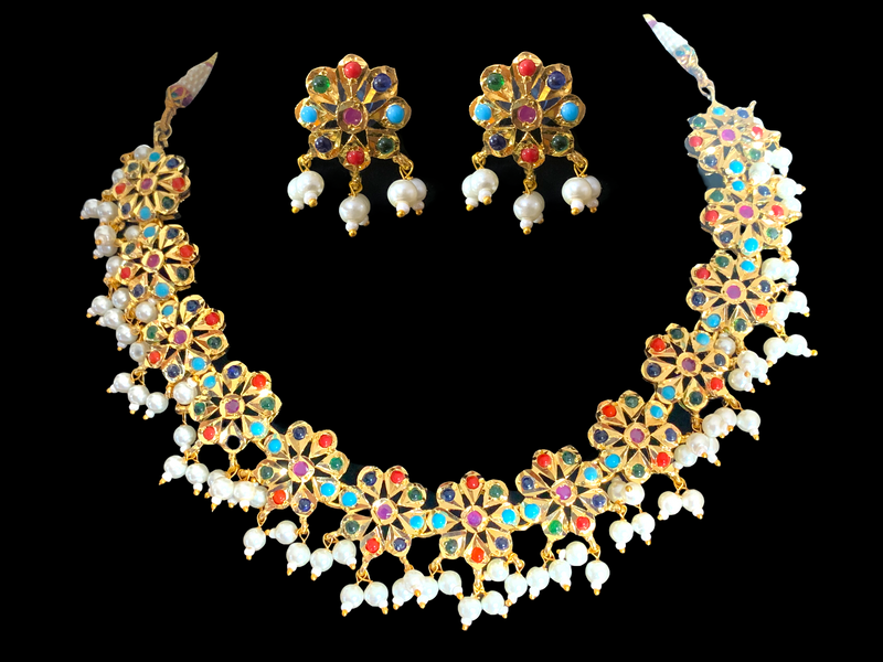 Malavika Multicolor / navratan flower necklace set  (READY TO SHIP )