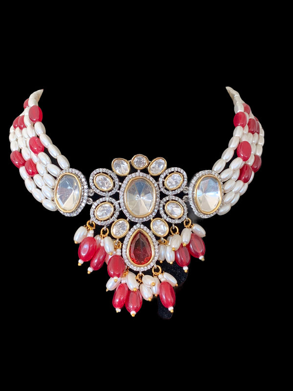 C207 Wajeeha polki choker with pearls and ruby beads ( READY TO SHIP)