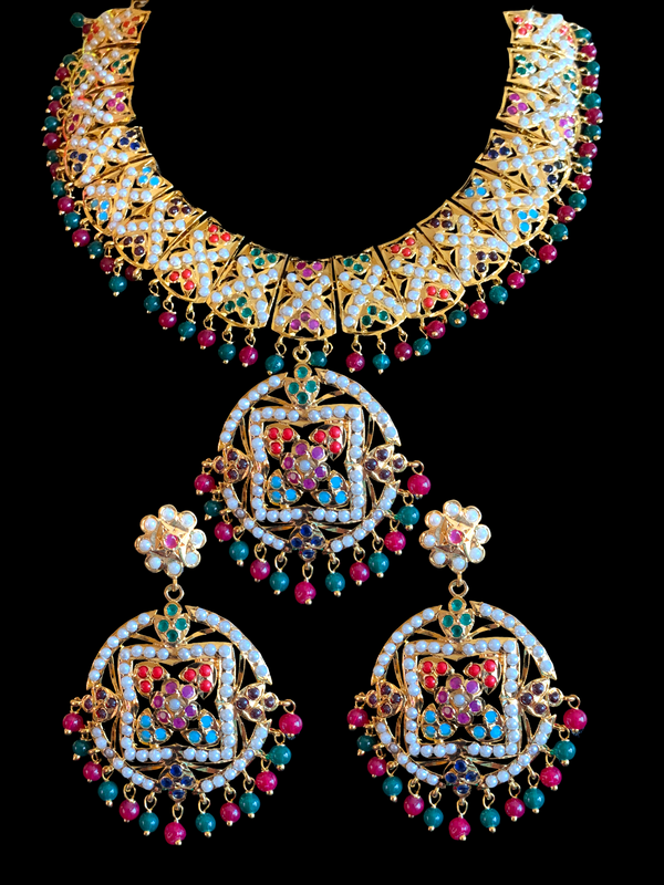 NS370 Ruchika  necklace set in navratan  ( READY TO SHIP )