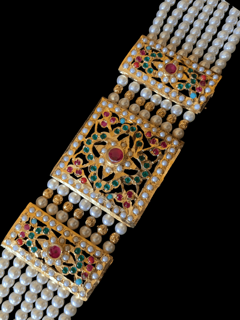 B66 Saira jadau bracelet in navratan with pearls    ( SHIPS IN 3 WEEKS )