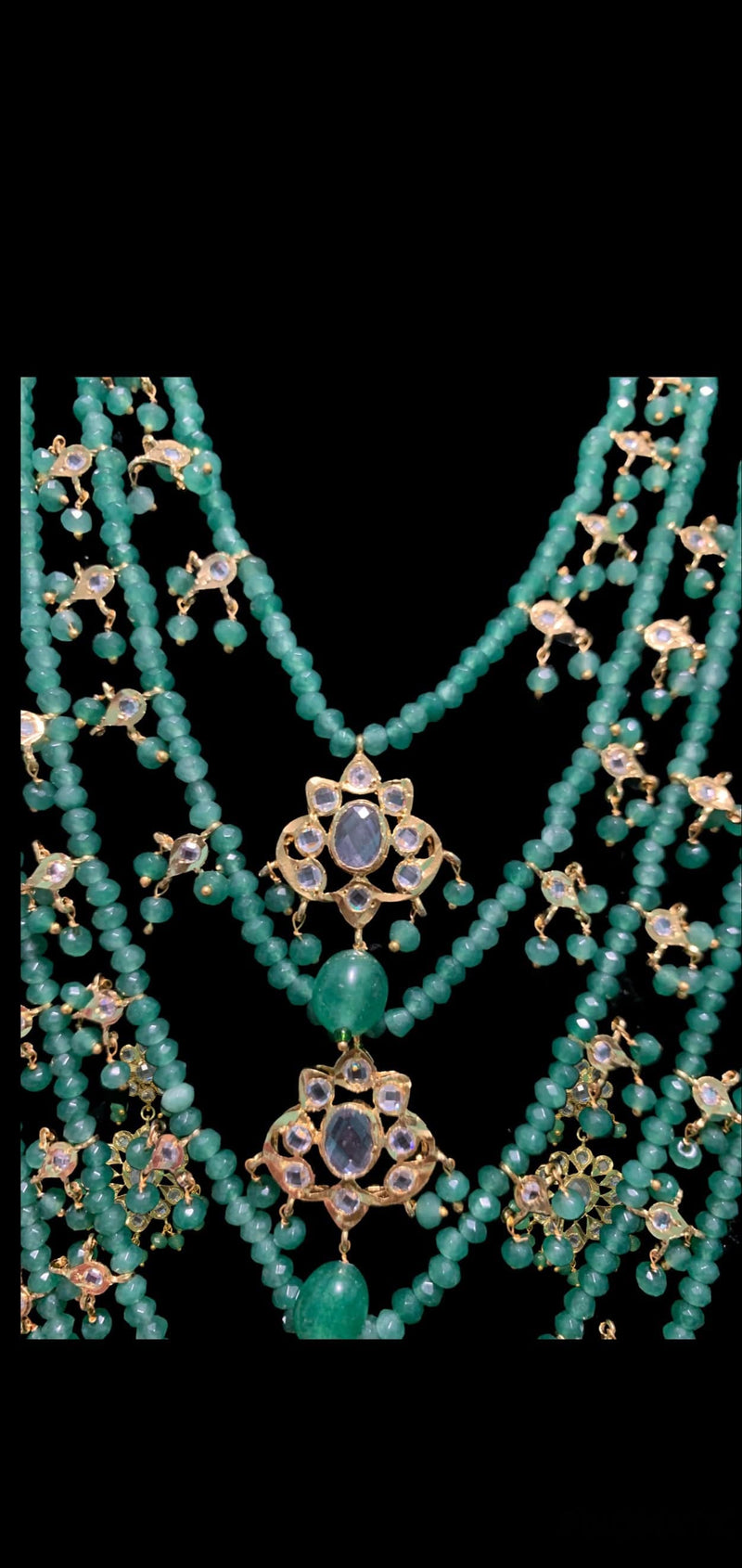 SAT34 Five layer hyderabadi necklace with earrings in green ( READY TO SHIP)