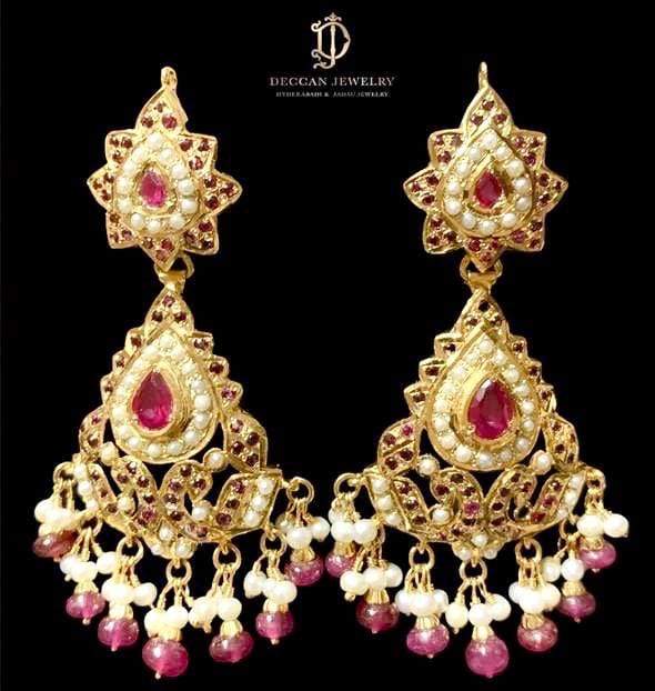Ruby Pearl Jadau Dangler Earrings in Gold Plated Silver ER 018