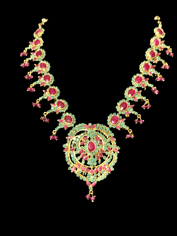 NS45, Neelam real ruby emerald gold plated necklace set ( READY TO SHIP)