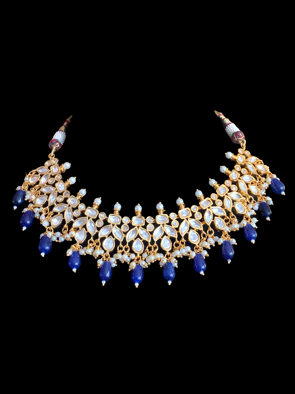 NS355 high quality polki necklace in pearls  and blue  beads ( READY TO SHIP)