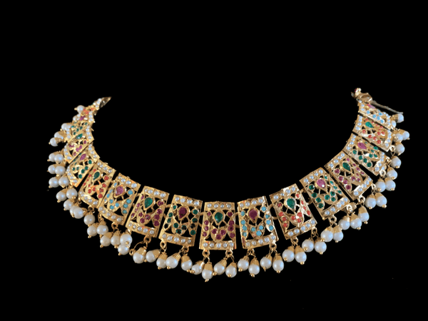 NS185 Payal jadau necklace with earrings tika in Navratan ( READY TO SHIP)