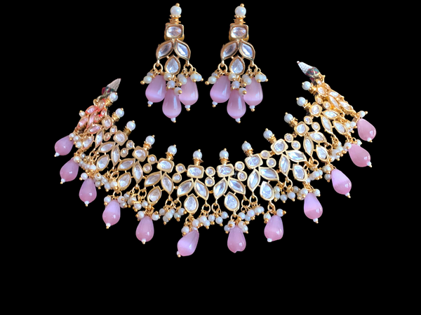 NS356 high quality polki necklace in pearls  and pink   beads ( READY TO SHIP)