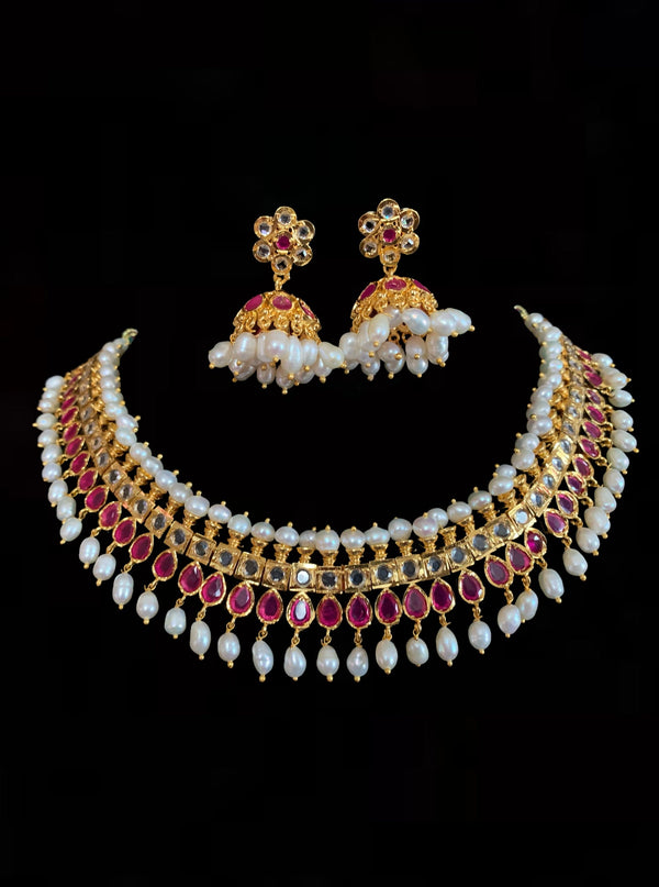 Faiza necklace set in fresh water pearls with rubies  (SHIPS IN 4 WEEKS )