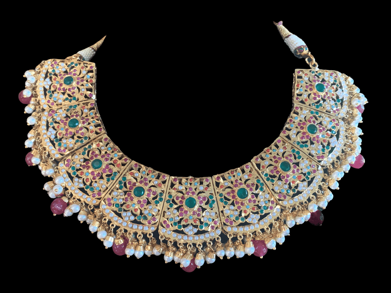 NS250  Chriselle necklace set in Navratan  ( SHIPS IN 4 WEEKS )