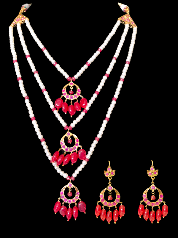 SAT72 Seema three layer  necklace with chandbali- ruby  ( READY TO SHIP )