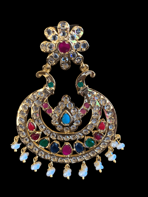 DER98 Zulfa Hyderabadi Chandbali in fresh water pearls - navratan ( READY TO SHIP )