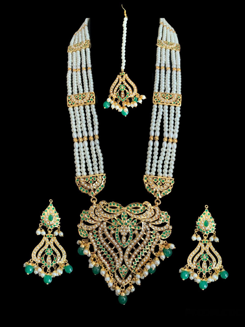 LN123 Sakshi Green / emerald Jadau Rani haar with earrings tika ( READY TO SHIP )