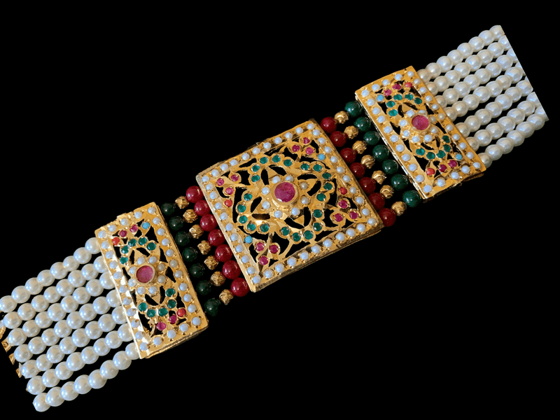 B67 Saira jadau bracelet in navratan with ruby green beads     ( READY TO SHIP )