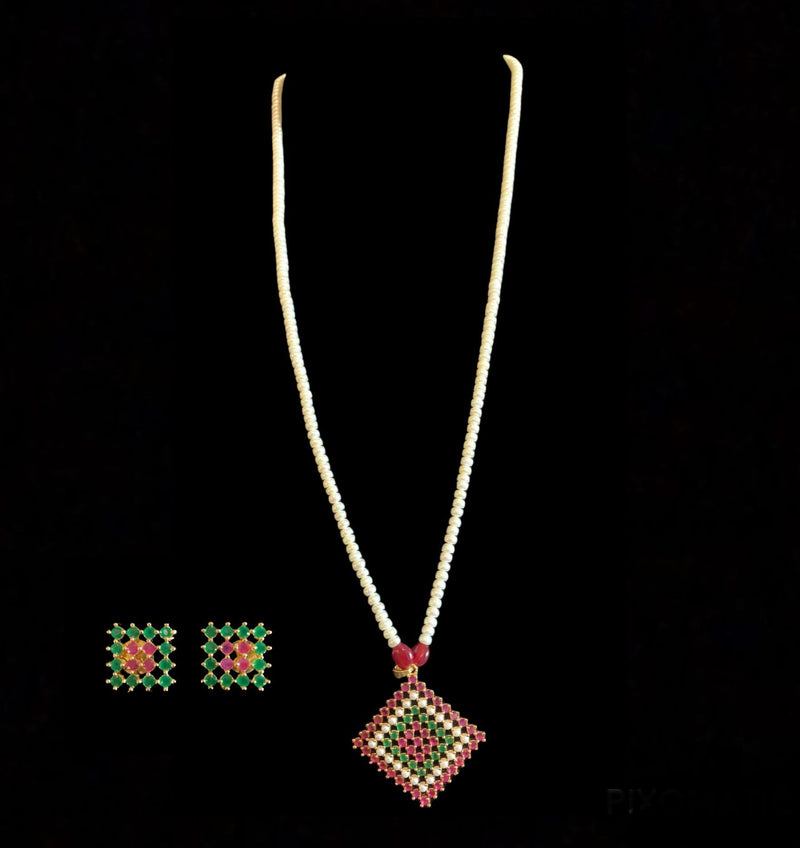 Nandini  RUBY EMERALD long pendant set with earrings in  fresh water pearls (READY TO SHIP )