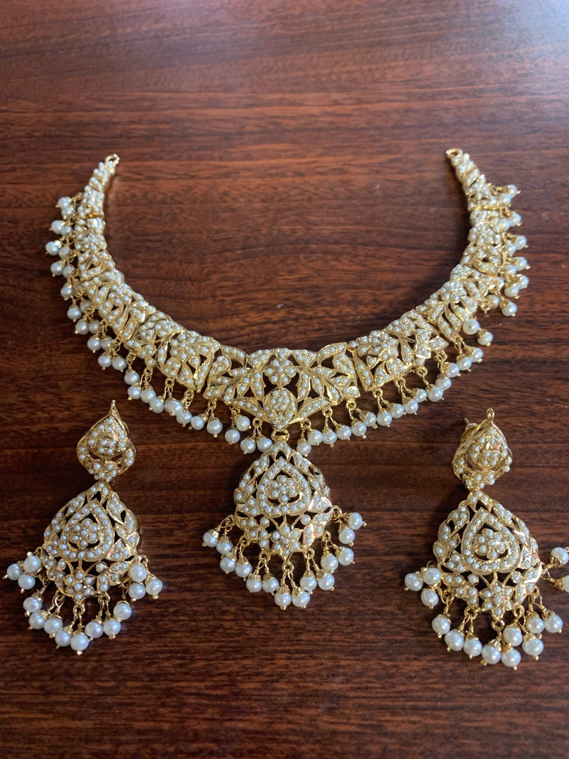 All Pearl Jadau Necklace Set in Gold Plated Sterling Silver NS 058