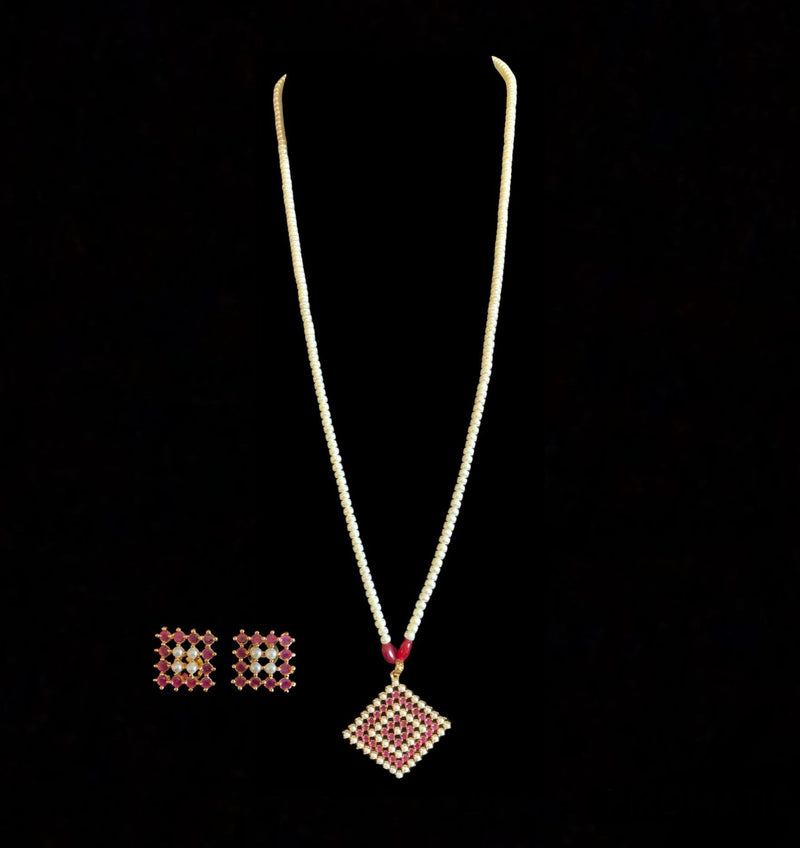 Nandini  RUBY PEARL long pendant set with earrings in  fresh water pearls (READY TO SHIP )