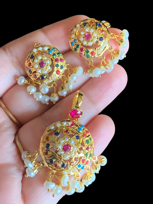 Navratan gold plated silver pendant set with fresh water pearls ( READY TO SHIP)