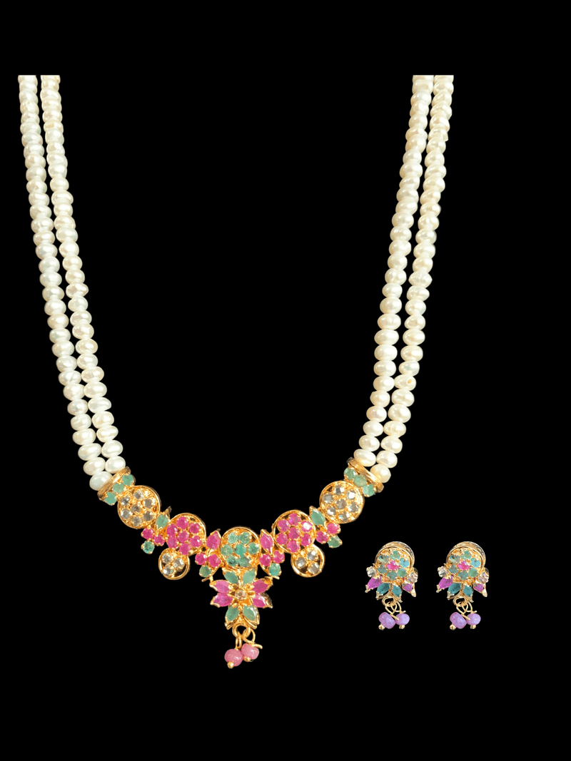 LN130 Ruby emerald long  necklace  set in fresh water pearls ( READY TO SHIP )