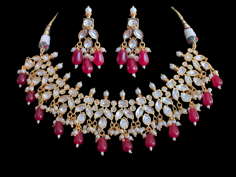 NS354 high quality polki necklace in pearls  and ruby beads ( READY TO SHIP)
