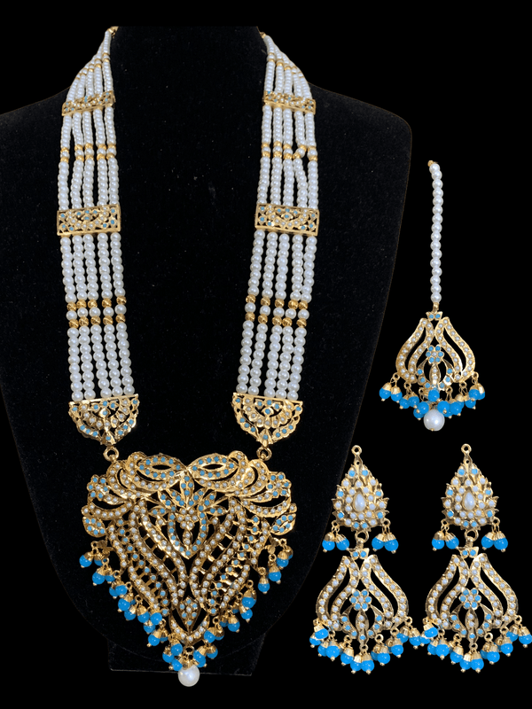 LN126  Sakshi turquoise pearl Jadau Rani haar with earrings tika ( SHIPS IN 4 WEEKS )