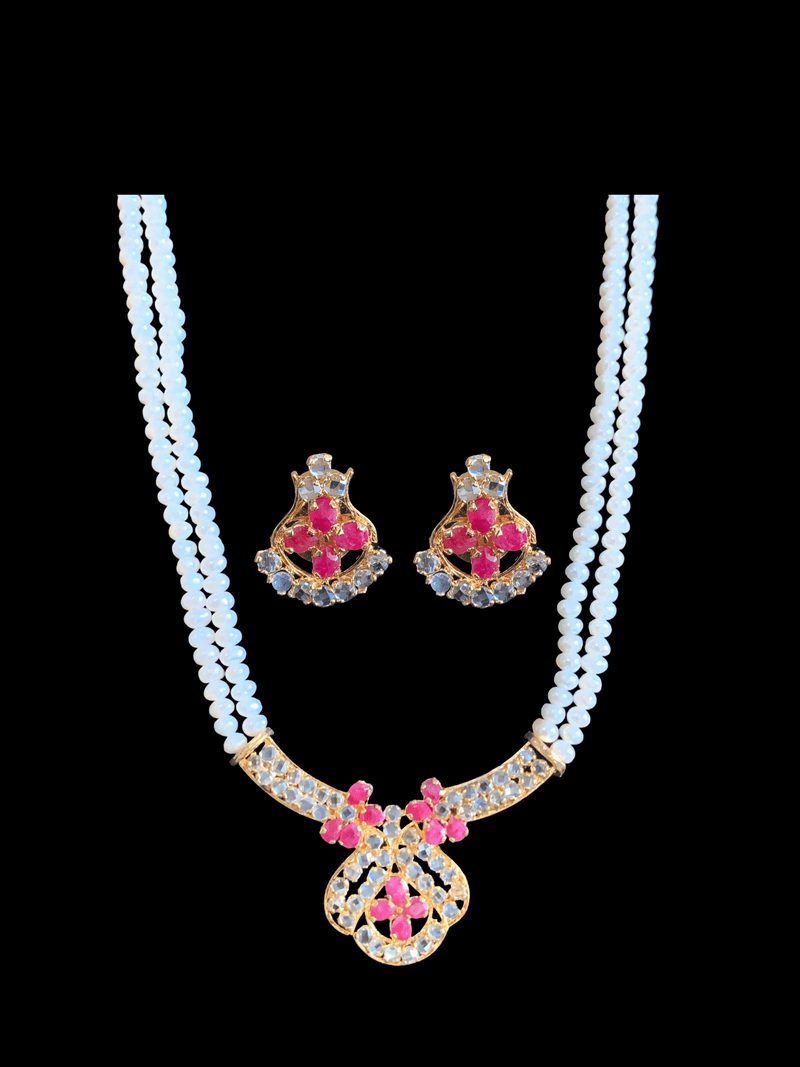 LN136 Ruby long  necklace  set in fresh water pearls ( READY TO SHIP )