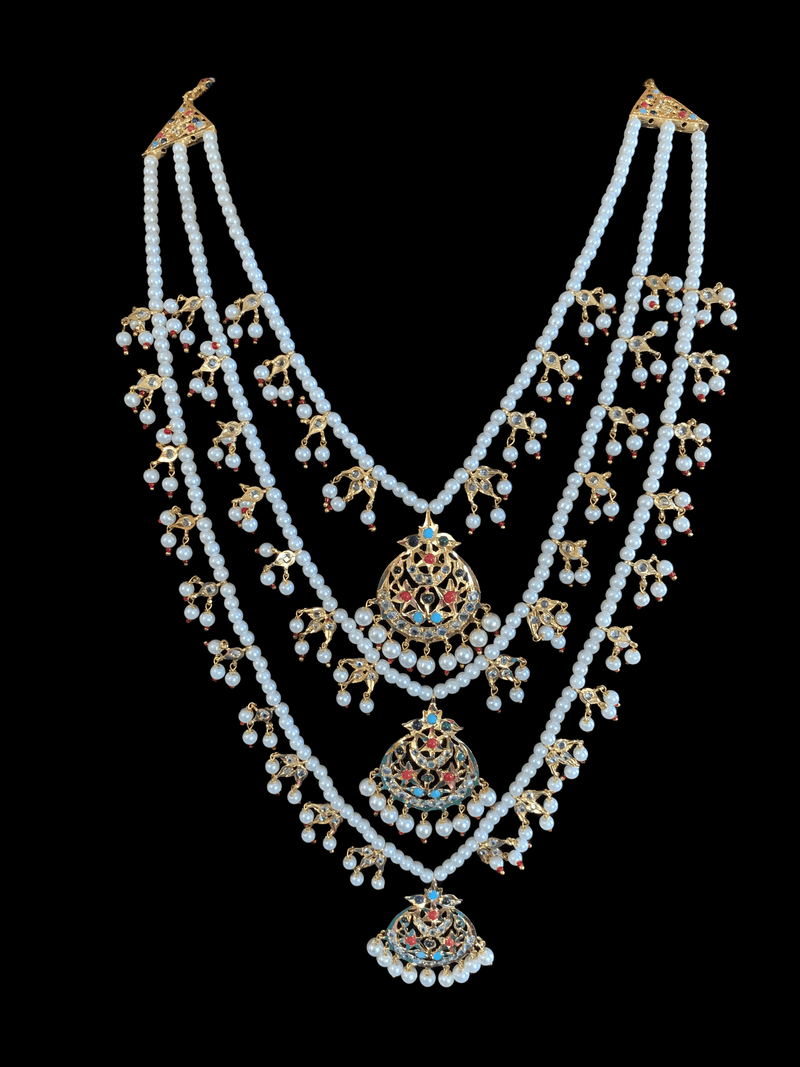 SAT23 Tooba ruby three layered pearl necklace with earrings and Tika - navratan  (READY TO SHIP )