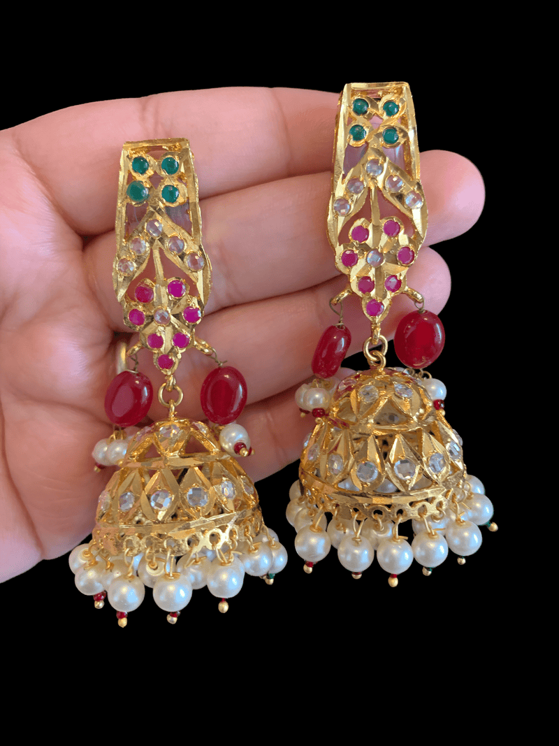 DER116 rooha jhumkas in ruby emerald / red green  ( READY TO SHIP)