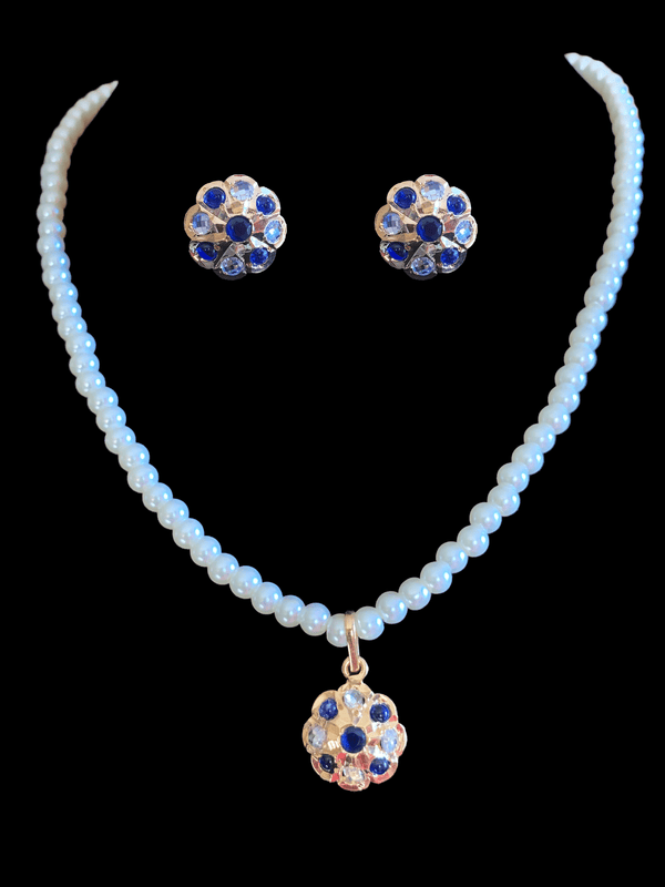 PS368 Sara hyderabadi Jadau flower pendant and earrings set in sapphire ( READY TO SHIP )