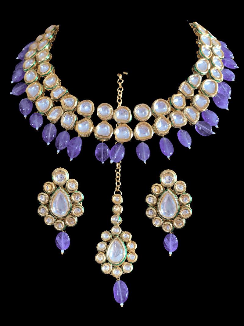 NS177 Mohini bridal necklace in high quality kundan with natural amethyst beads (READY TO SHIP )