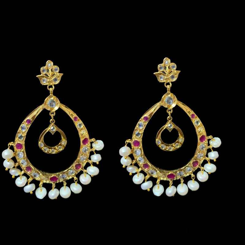 DER274 Chandbali in real pearls and rubies ( READY TO SHIP)