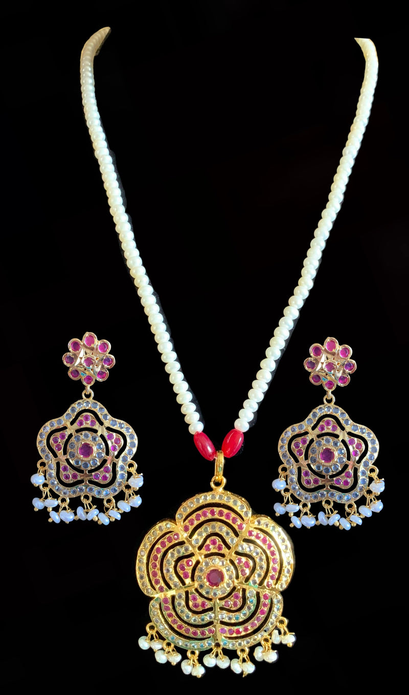 PS79 Shahla ruby with fresh water pearl pendant set ( READY TO SHIP )