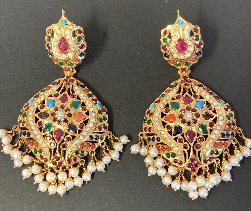 Navratan Jadau earrings in Gold Plated Silver ER 097