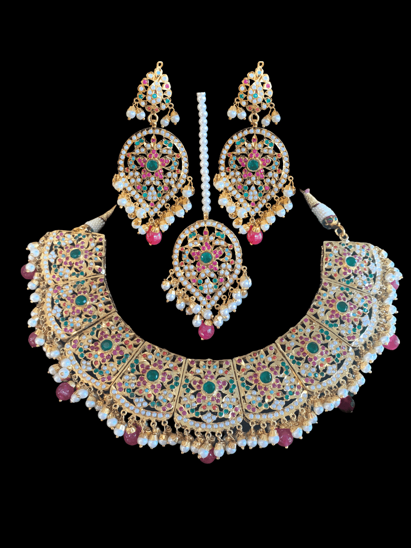 NS250  Chriselle necklace set in Navratan  ( SHIPS IN 4 WEEKS )