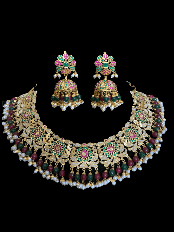 NS69 Rashmika jadau necklace with jhumka ( ruby emerald ) ( READY TO SHIP)