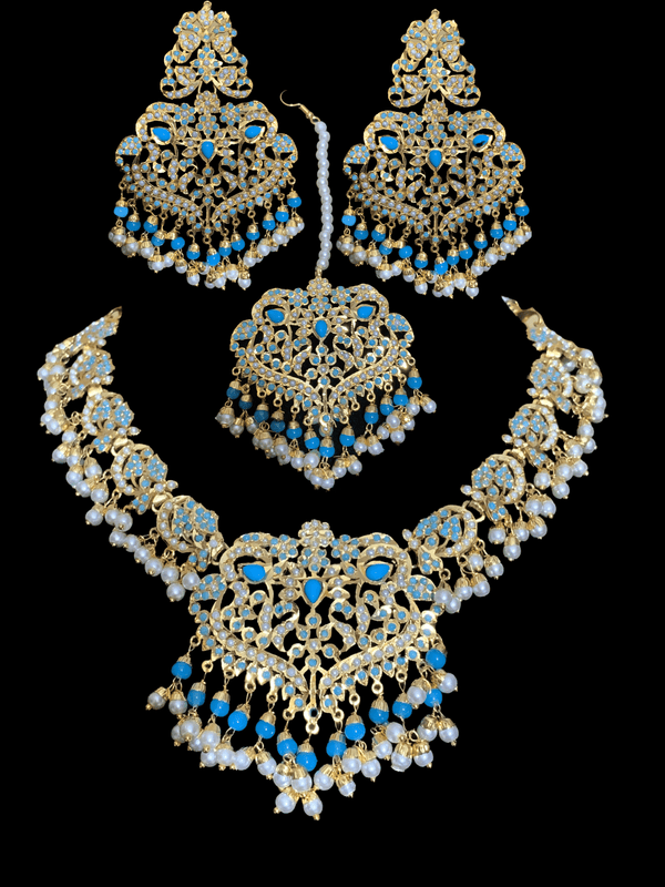 NS210 Neeli jadau pearl necklace with earrings tika in turquoise (READY TO SHIP  )