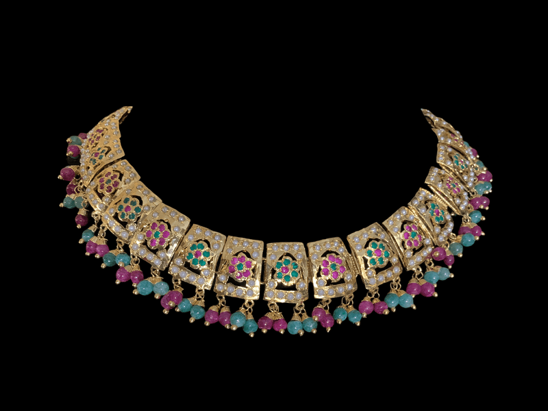 Reshma punjabi Jadau necklace with earrings in ruby emerald (READY TO SHIP)
