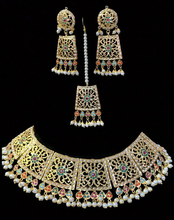 Safira necklace set with tika Navratan  ( READY TO SHIP)