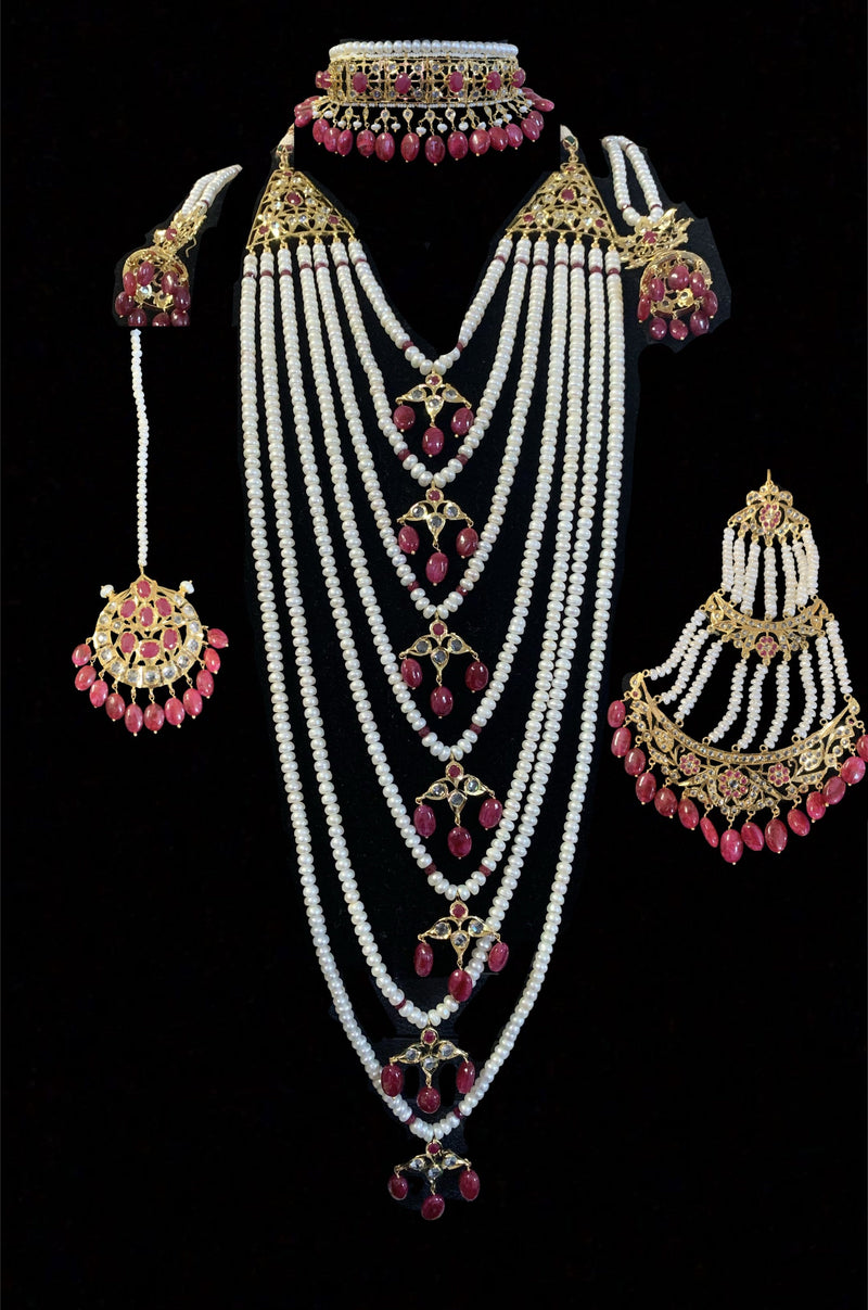 Insia jadavi lacha satlada set in rubies with fresh water pearls ( SHIPS IN 3 WEEKS )